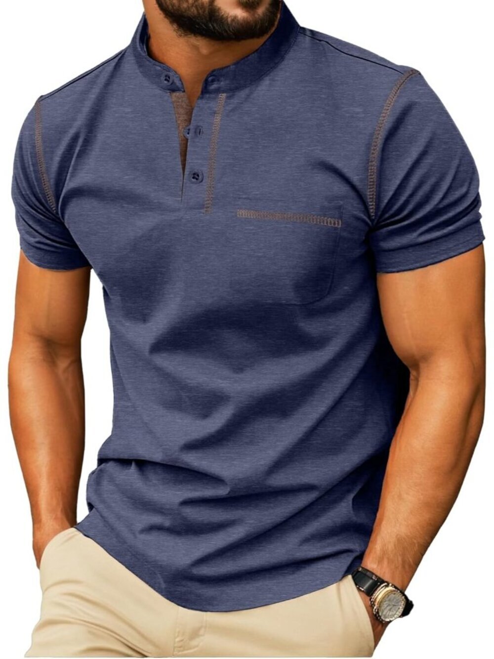 Men's Navy Blue Short Sleeve Summer Casual Classic Cotton Henley Neck T Shirts